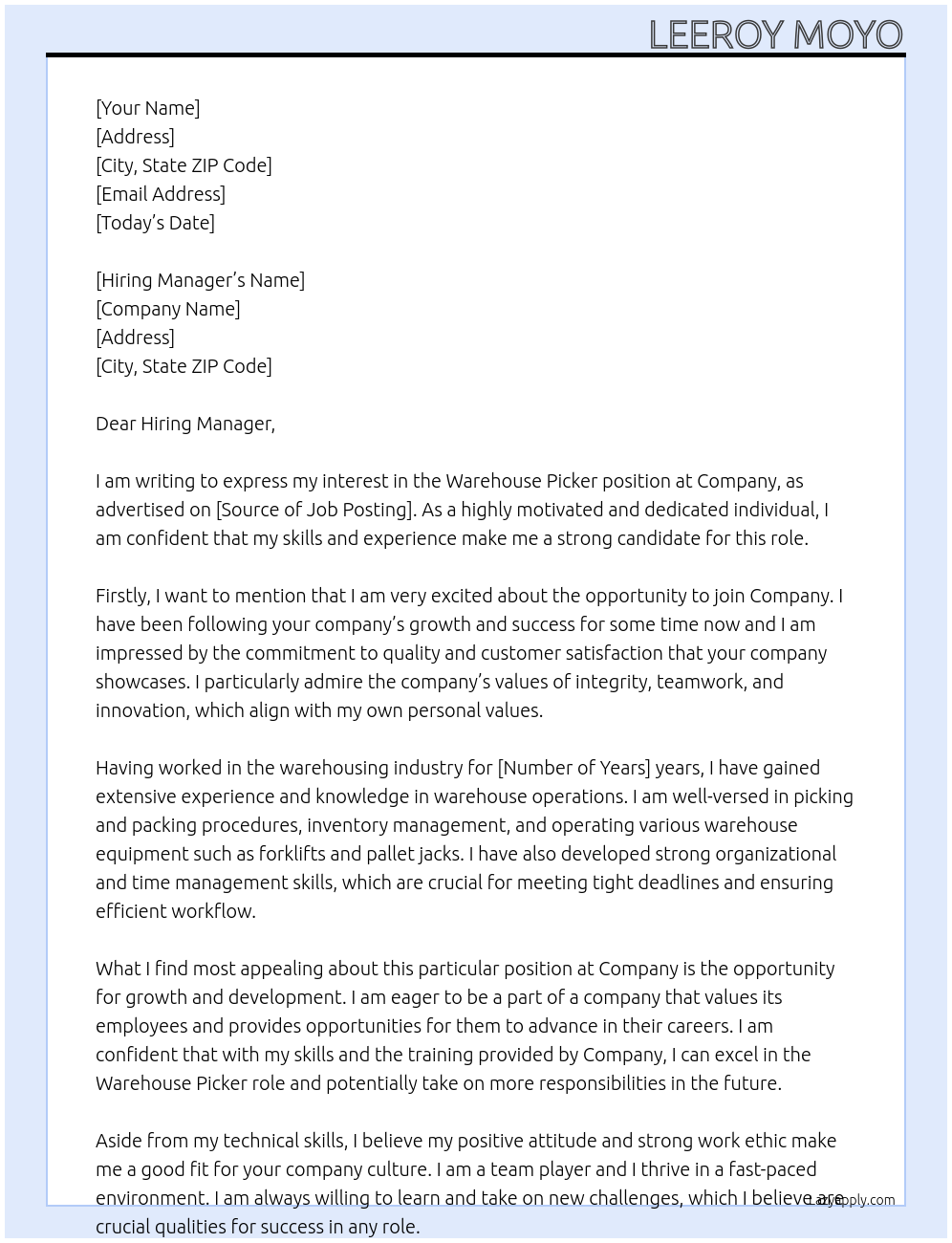 Warehouse Picker At Company Cover Letter