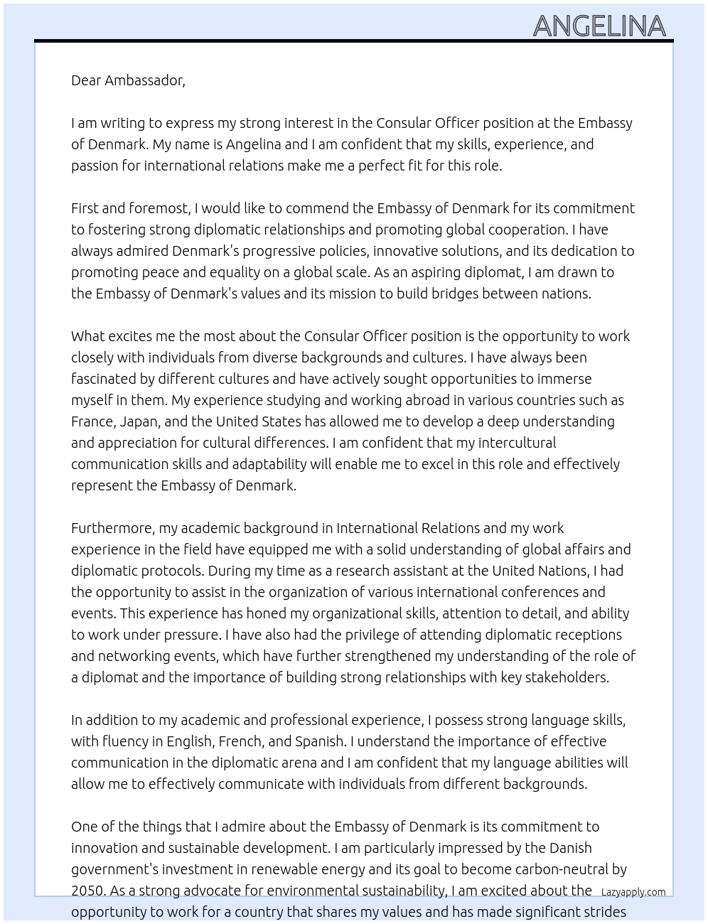 Consular Officer  At Embassy of Denmark  Cover Letter