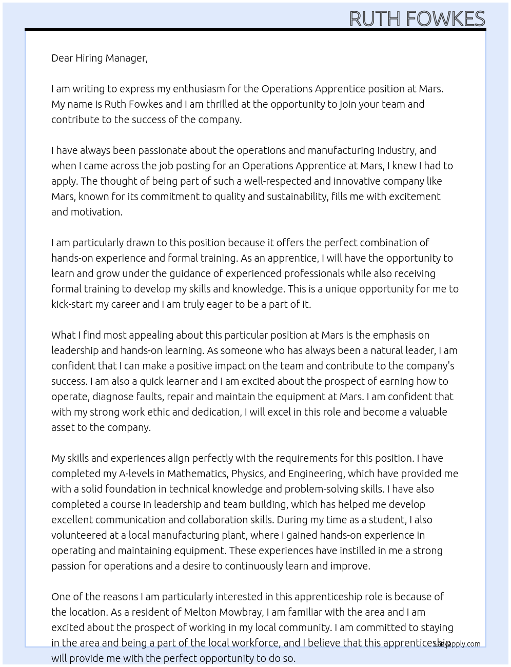Operations Apprentice At Mars Cover Letter