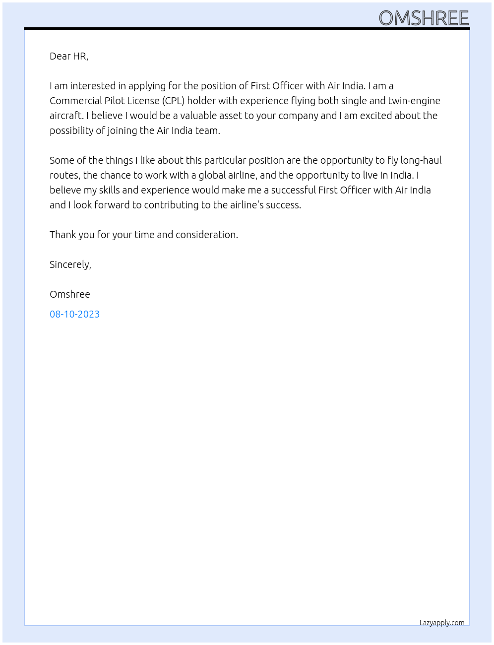 first officer At air india Cover Letter