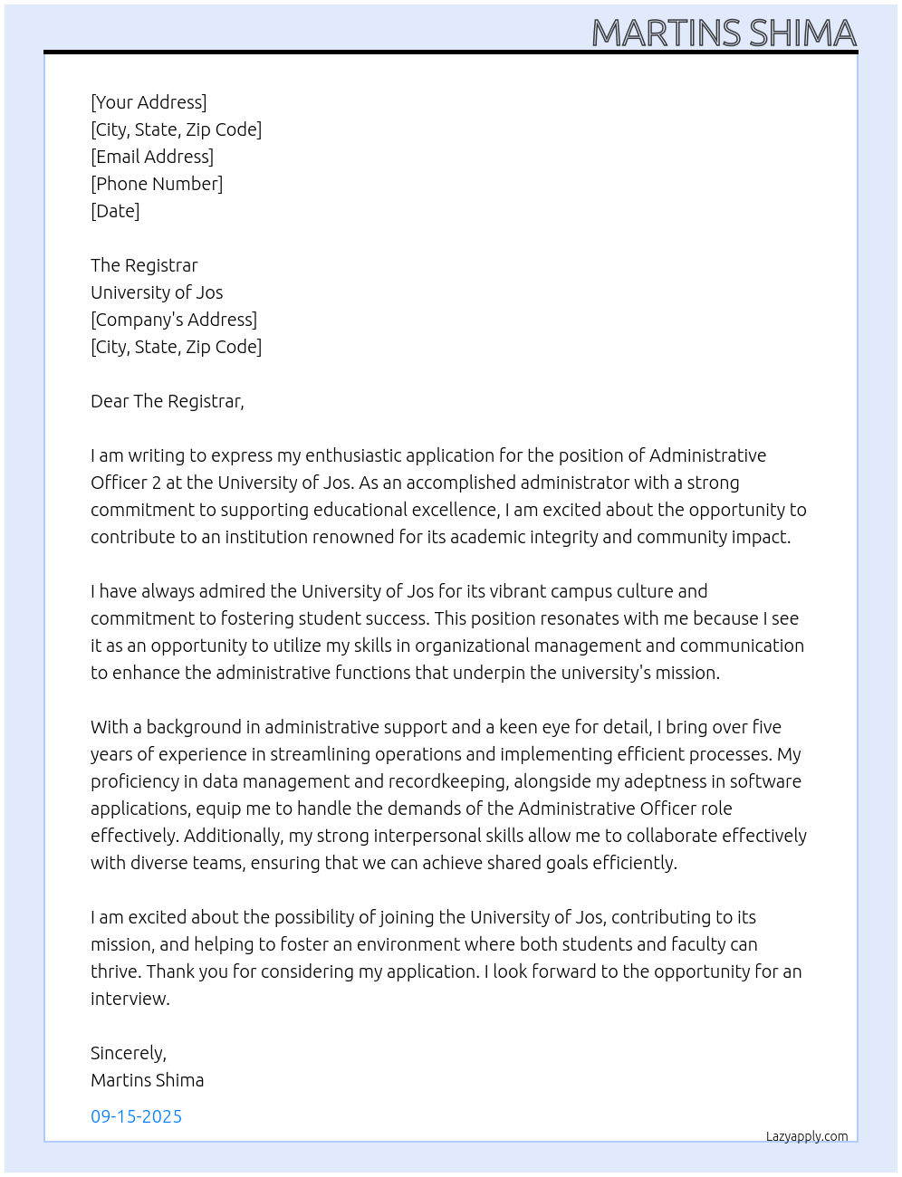 Cover letter for administrative officer 2 - LazyApply