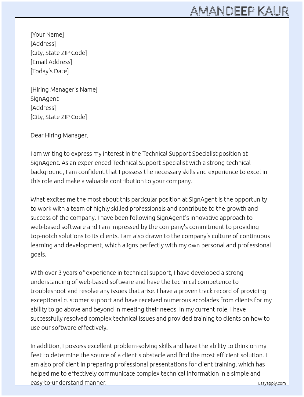 Technical Support Specialist At SignAgent Cover Letter