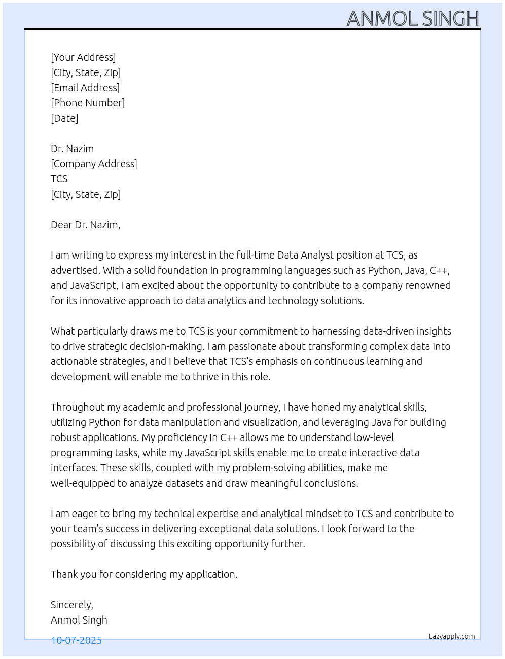 Data analysis  At Tcs Cover Letter