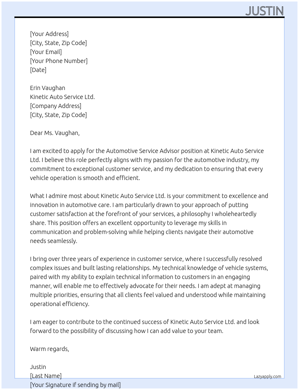 Cover letter for automotive service advisor - LazyApply