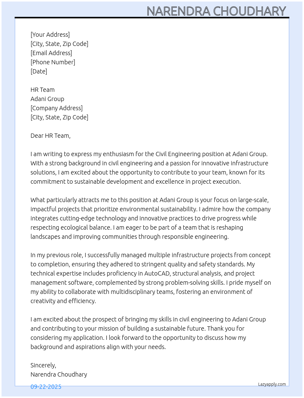 Cover letter for Civil Engineering - LazyApply