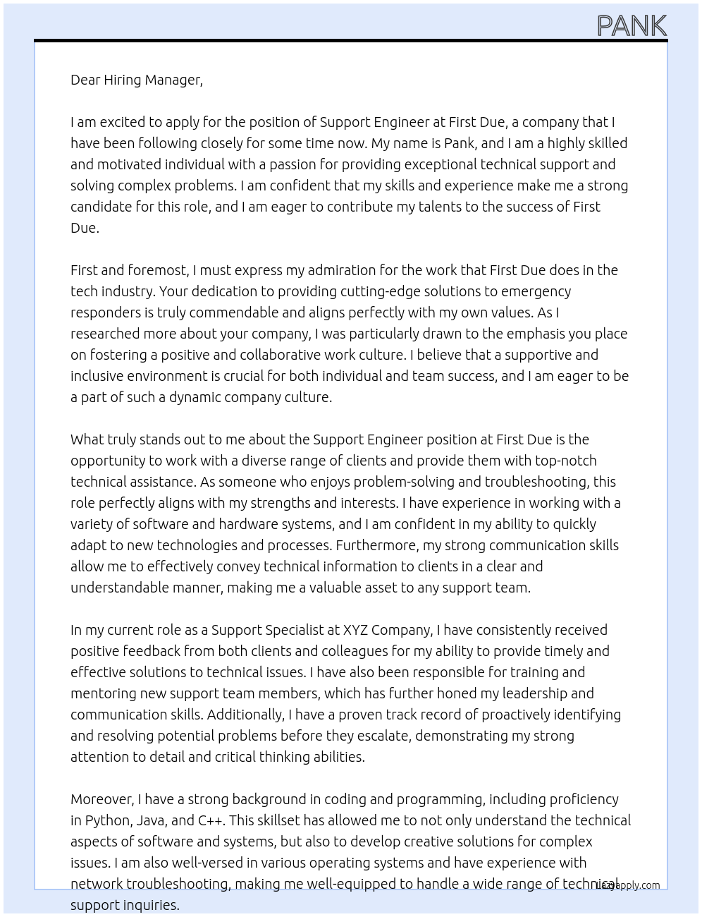 Support Engineer At First Due Cover Letter