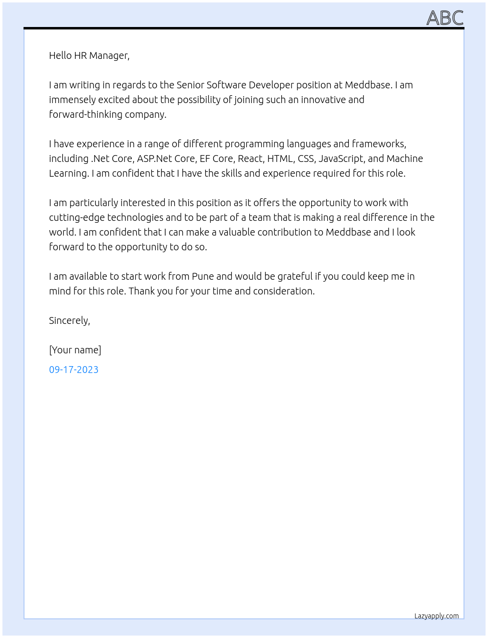 Senior Software Developer At Meddbase Cover Letter