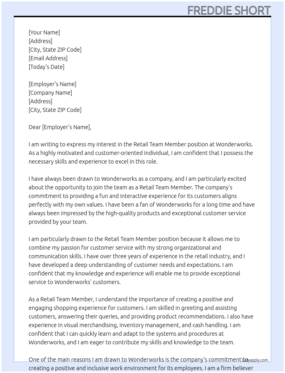 Retail Team Member At Wonderworks Cover Letter