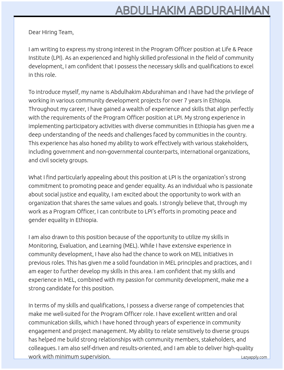 Program Officer At Life & Peace Institute (LPI) Cover Letter
