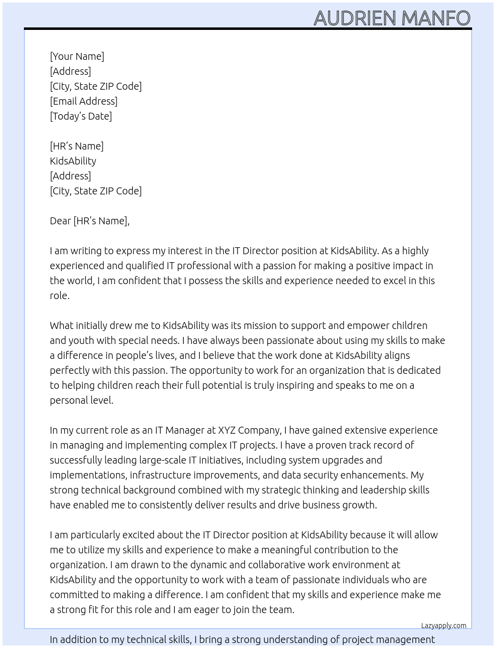 IT Director At kidsability Cover Letter