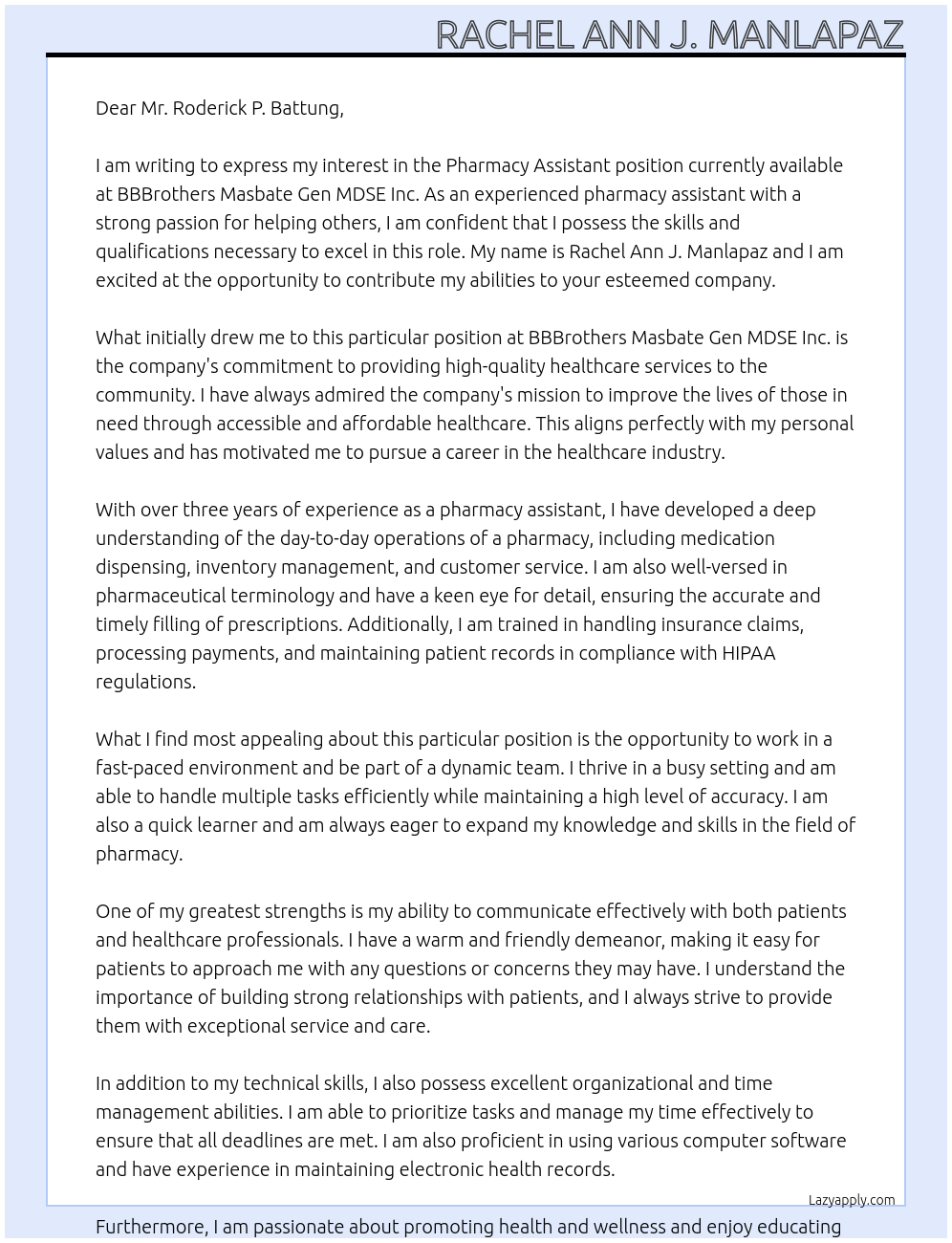 Pharmacy assistant  At BBBrothers Masbate Gen MDSE Inc. Cover Letter