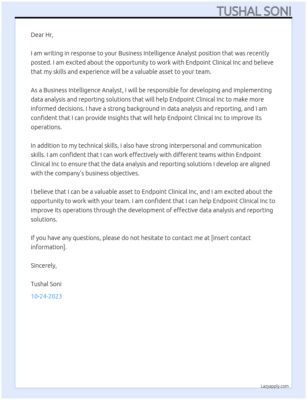 Business Intelligence Analyst At Endpoint Clinical Inc Cover Letter