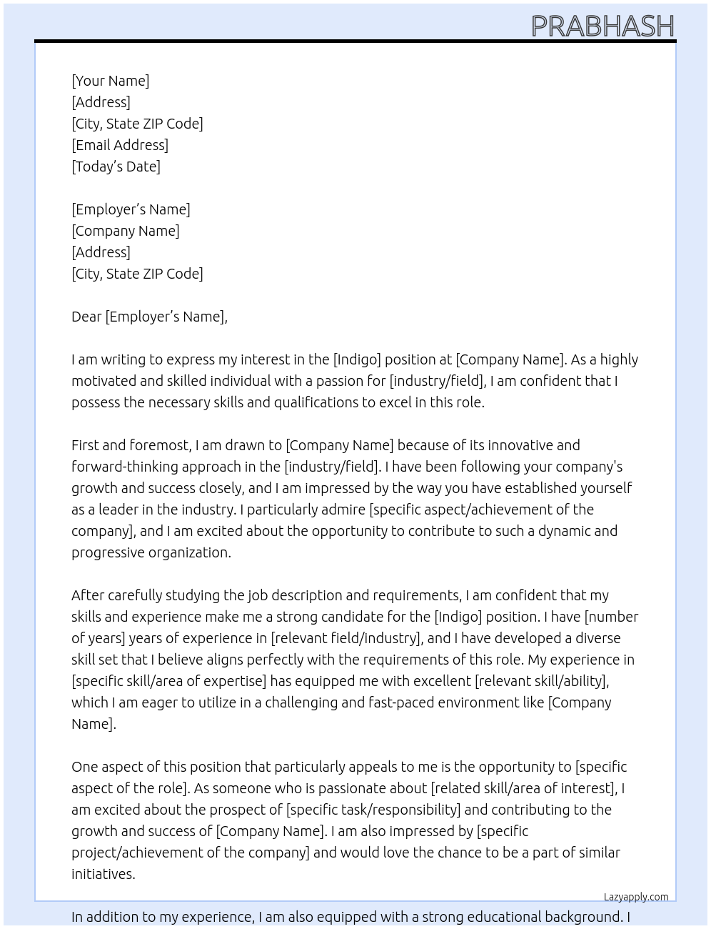 indigo At indigo Cover Letter