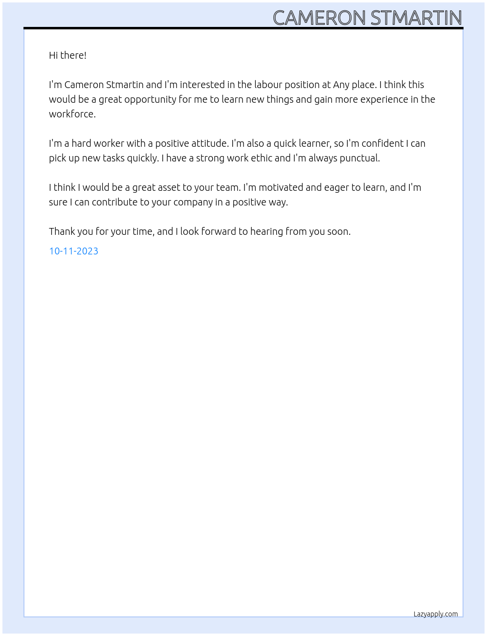 Labour  At Any place Cover Letter