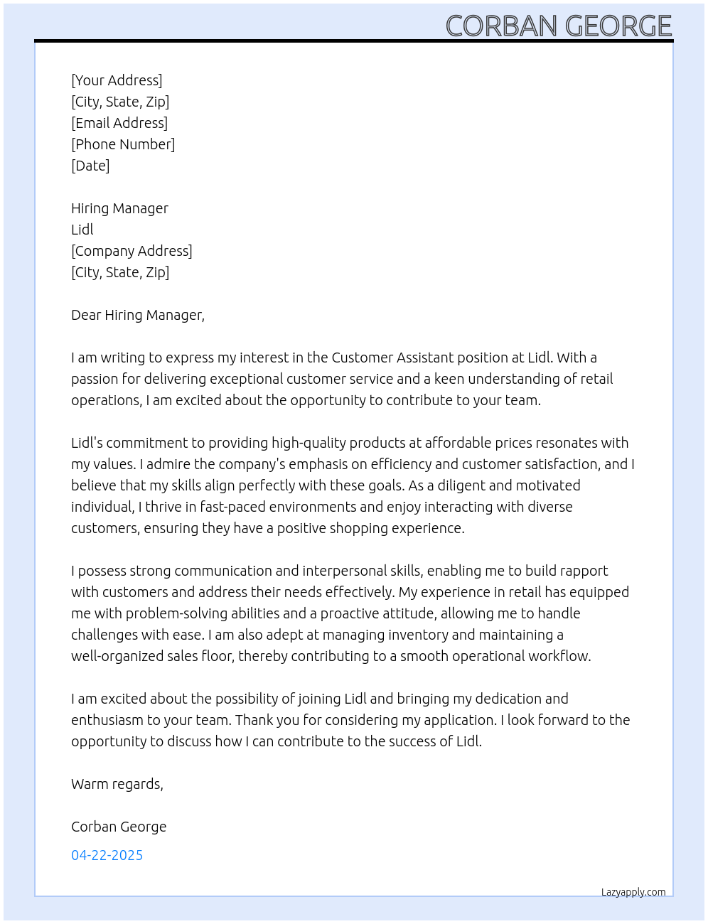 Customer Assistant At Lidl Cover Letter