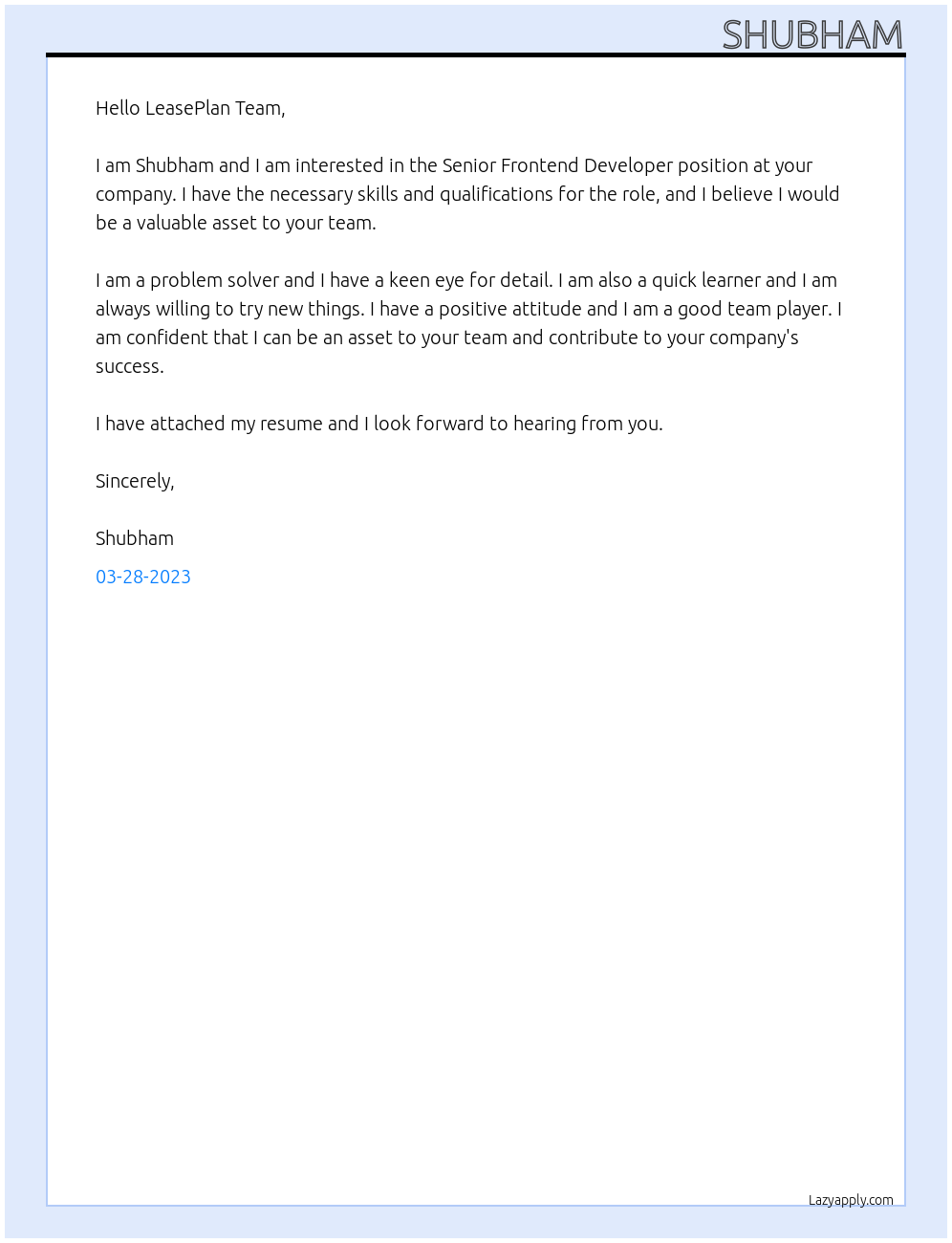 Senior Frontend Developer At LeasePlan Cover Letter