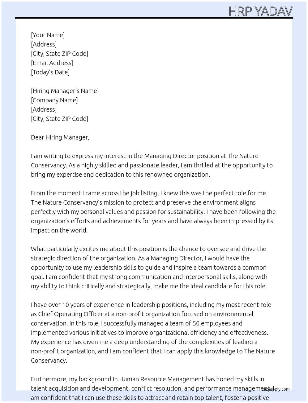 MANAGING DIRECTOR At The Nature Conservancy Cover Letter