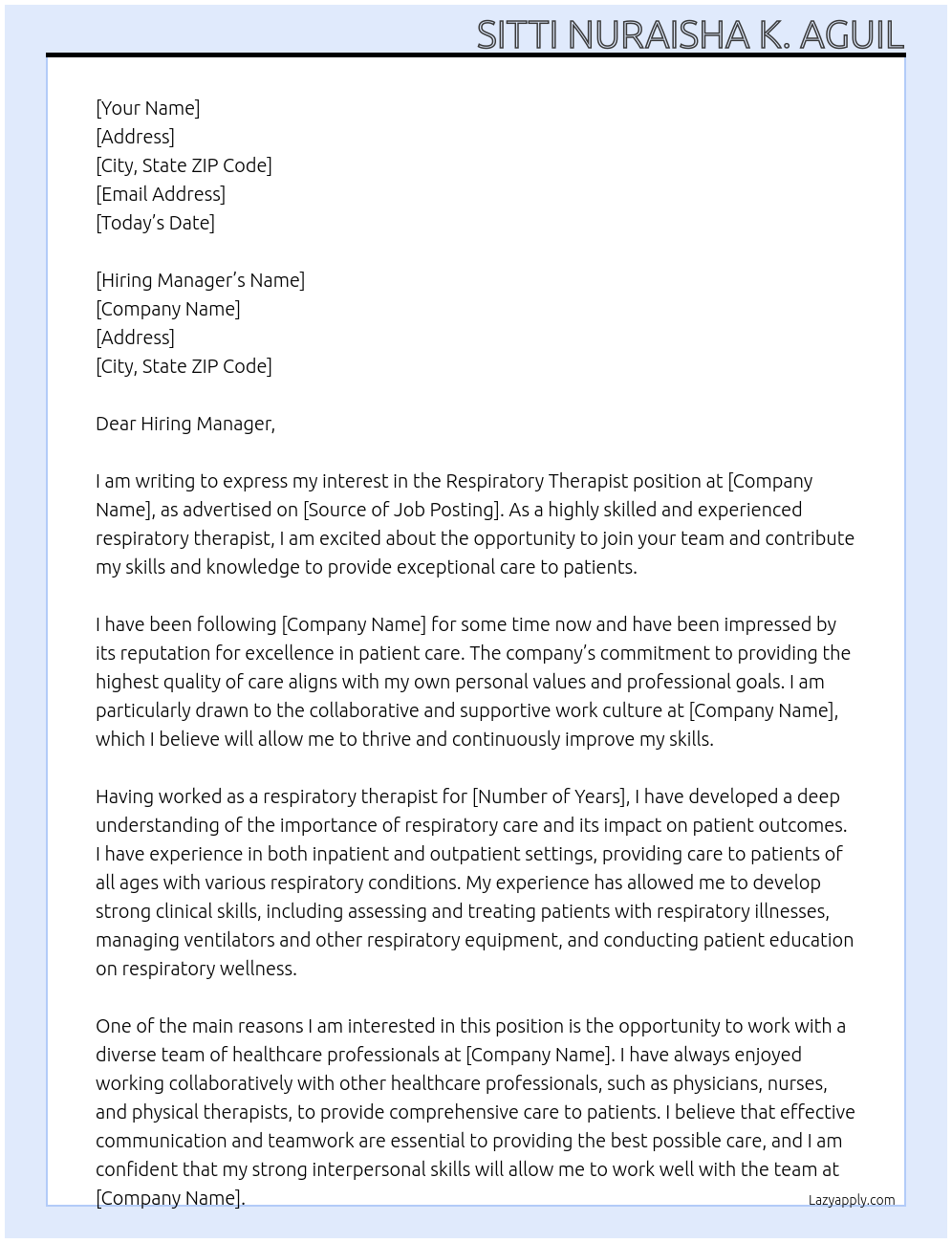 Respiratory Therapist At Company Cover Letter