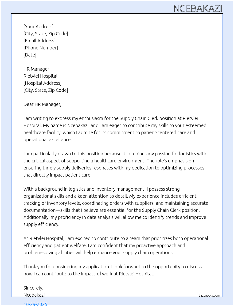 Cover letter for supply chain clerk - LazyApply