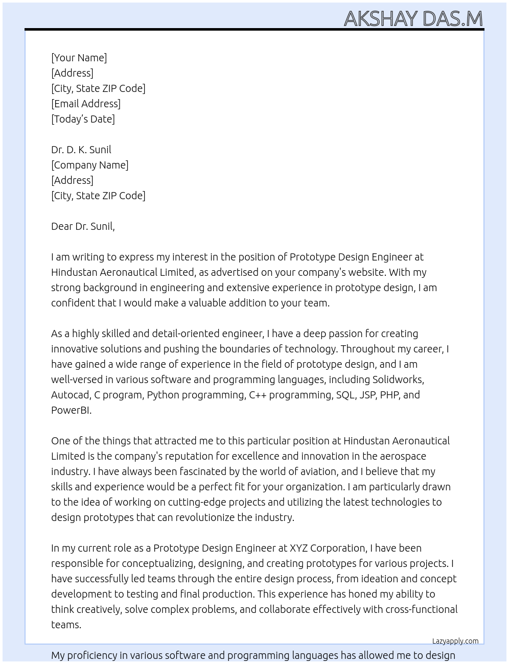 Cover letter for prototype design engineer - LazyApply