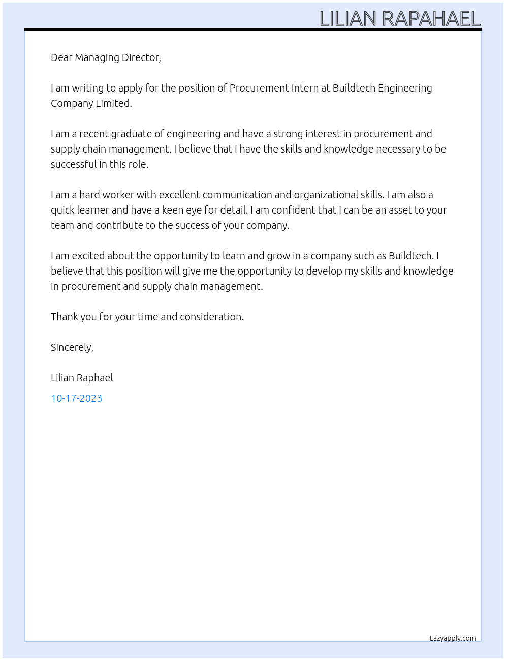 PROCUREMENT INTERN At BUILDTECH ENGINEERING COMPANY LIMITED Cover Letter