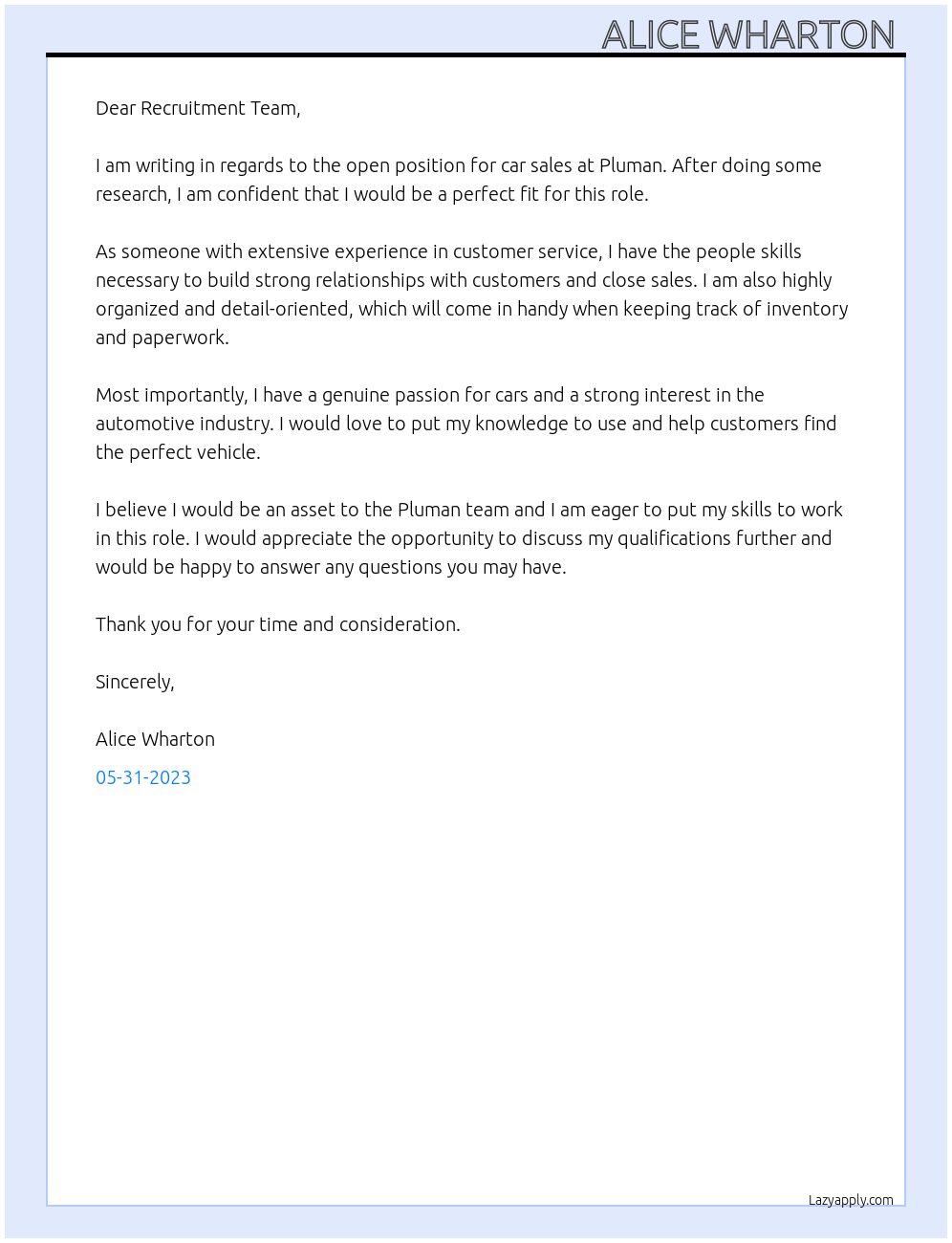 Car sales  At Pluman Cover Letter