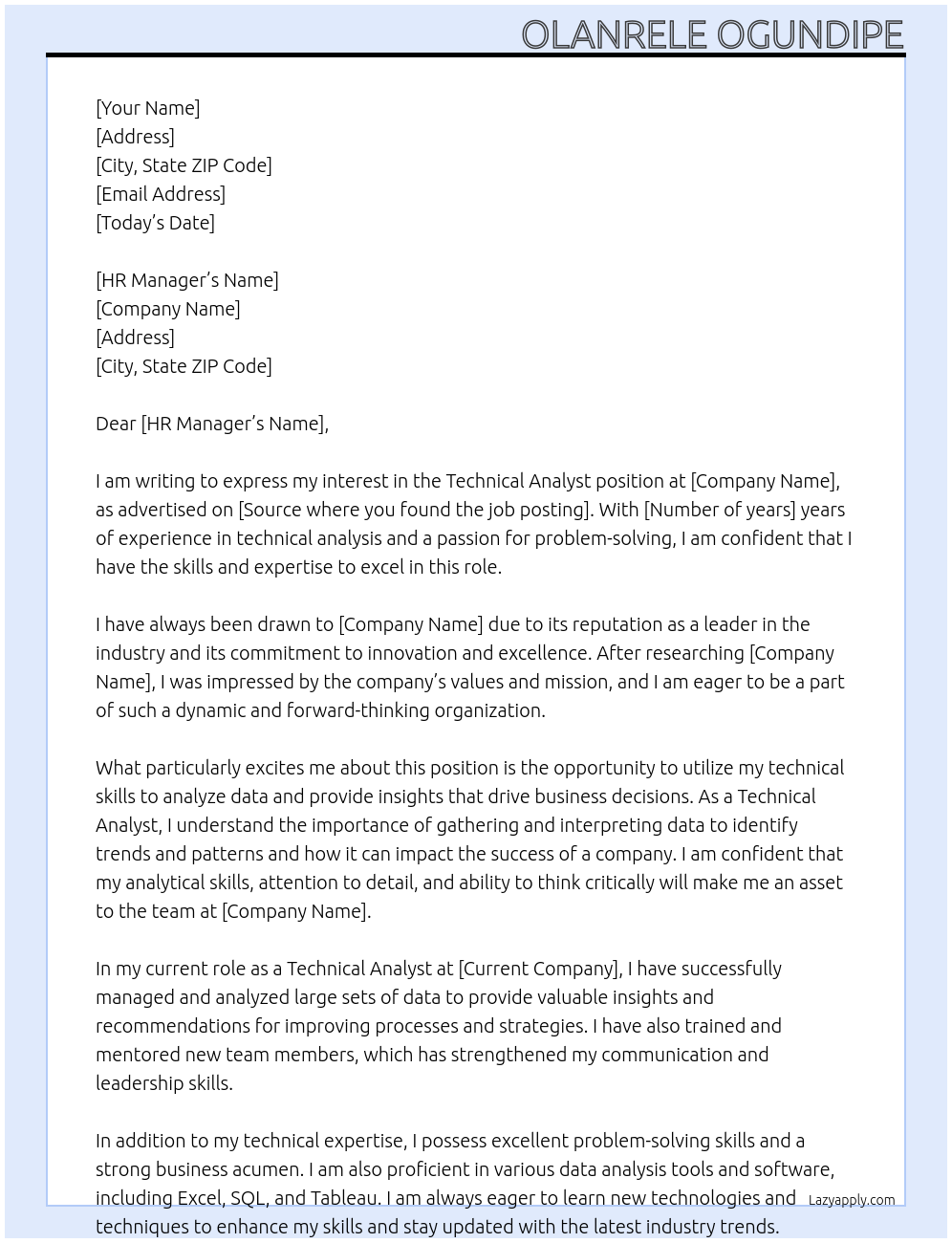 Technical Analyst At Your firm Cover Letter