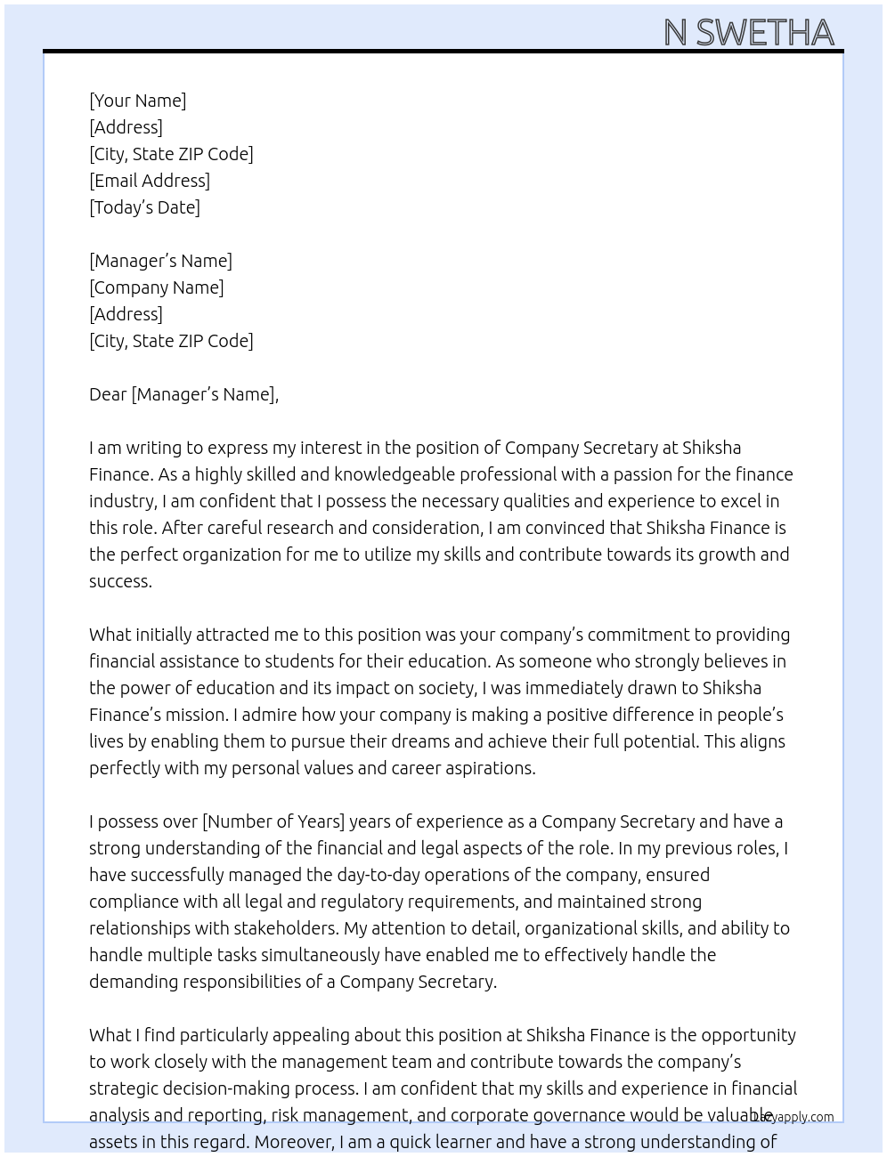 Company secretary At Shiksha finance Cover Letter