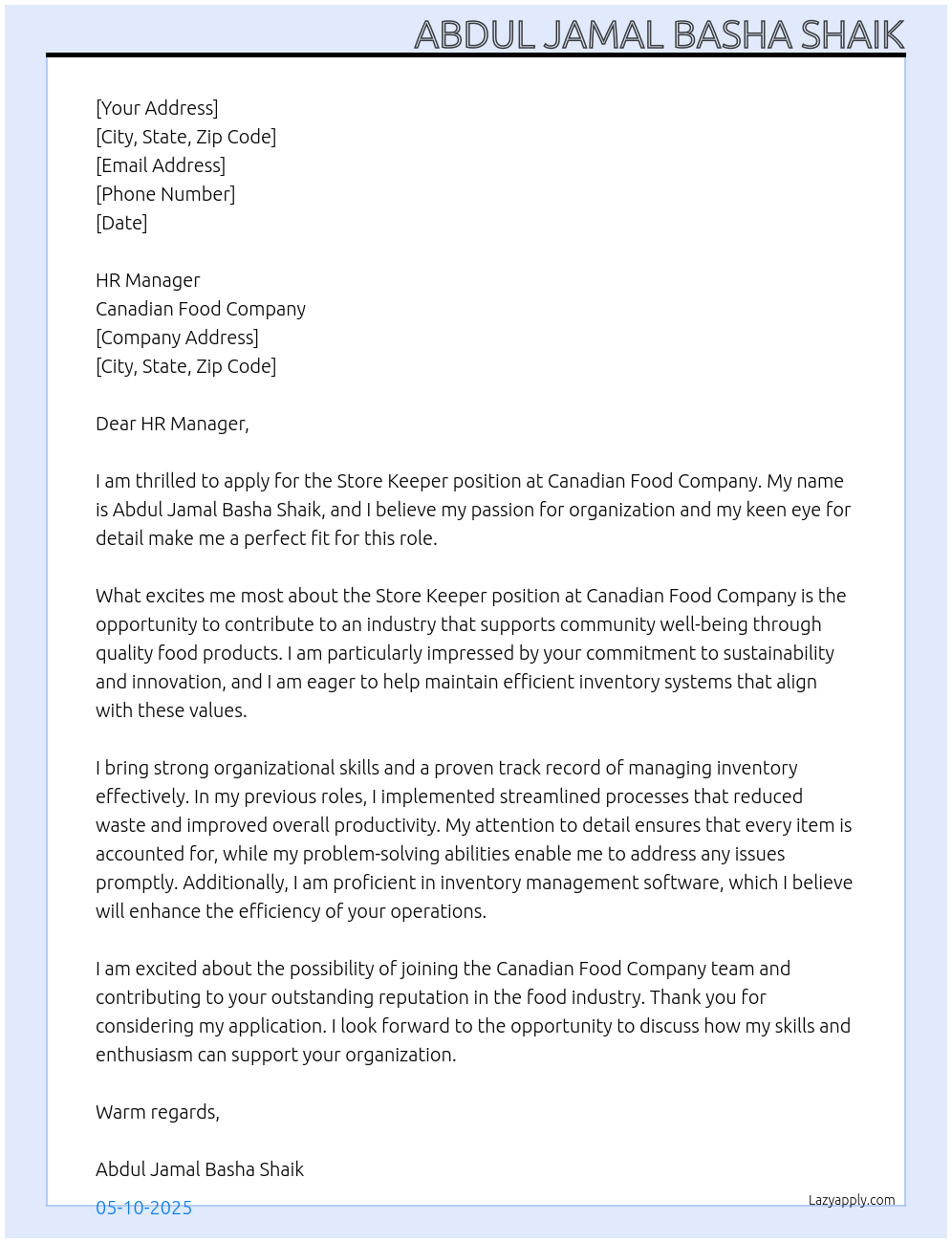 Store Keeper At canadian food company Cover Letter