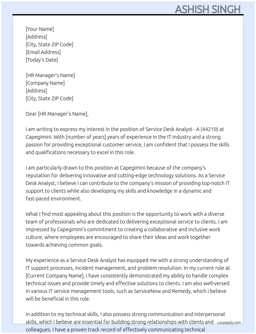 Service Desk Analyst - A (44210) At Capegimini Cover Letter