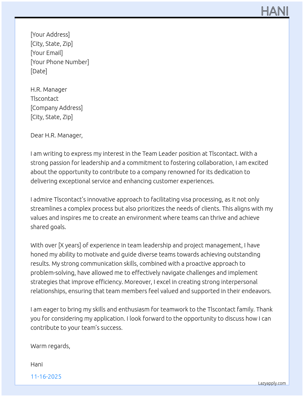 Cover letter for team leader - LazyApply