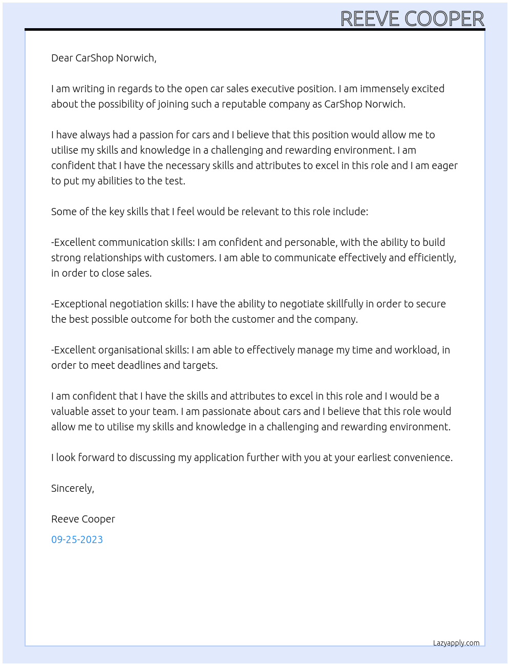 Car sales executive At CarShop Norwich Cover Letter