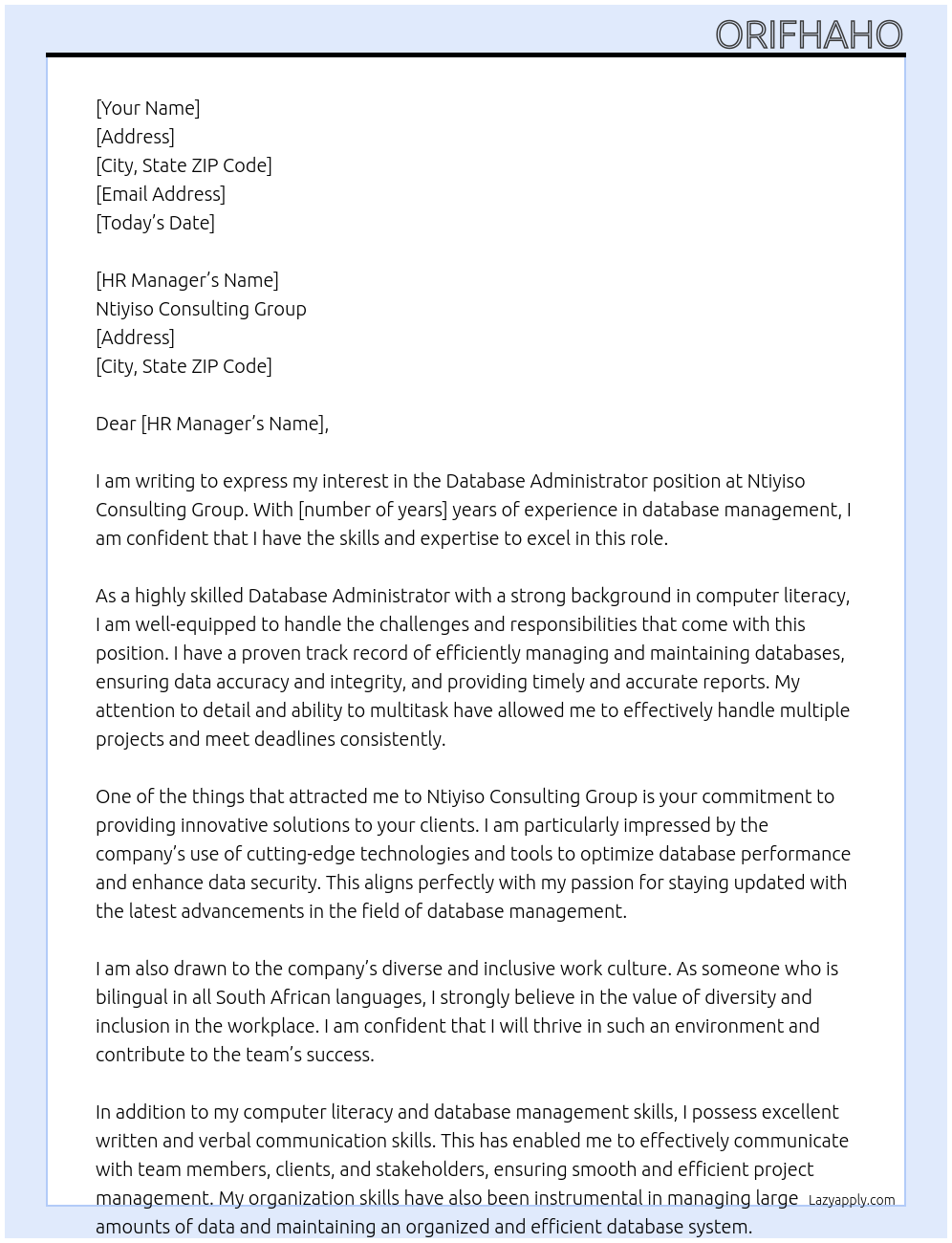 Database administrator At Ntiyiso consulting group Cover Letter