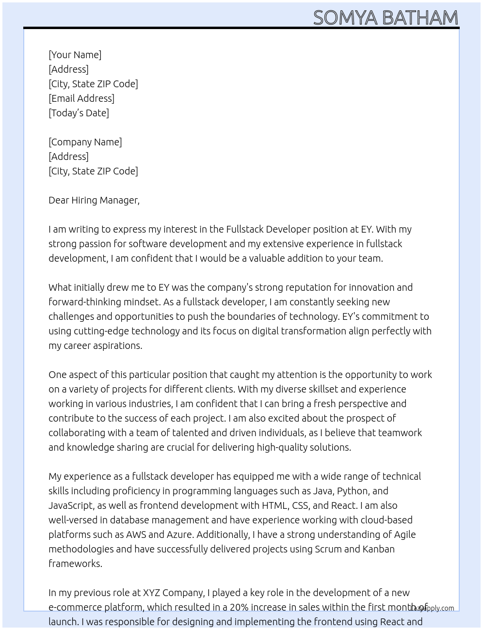 fullstack developer At EY Cover Letter