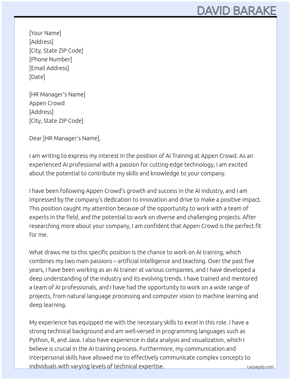 ai training At appen crowd Cover Letter