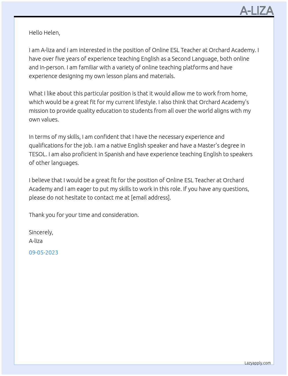 Online ESL Teacher At Orchard Academy Cover Letter