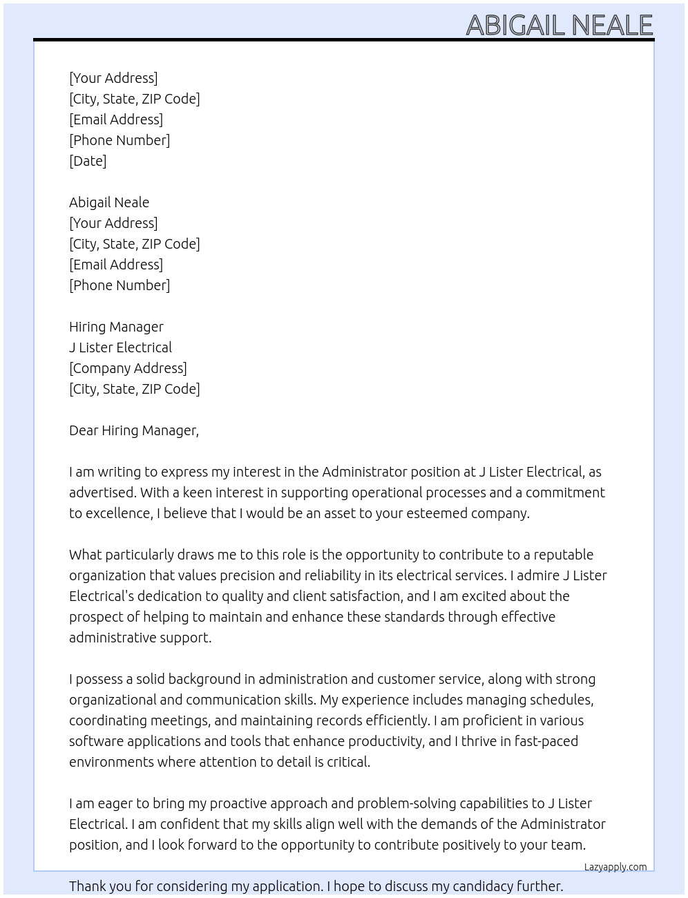 Administrator  At J Lister Electrical  Cover Letter