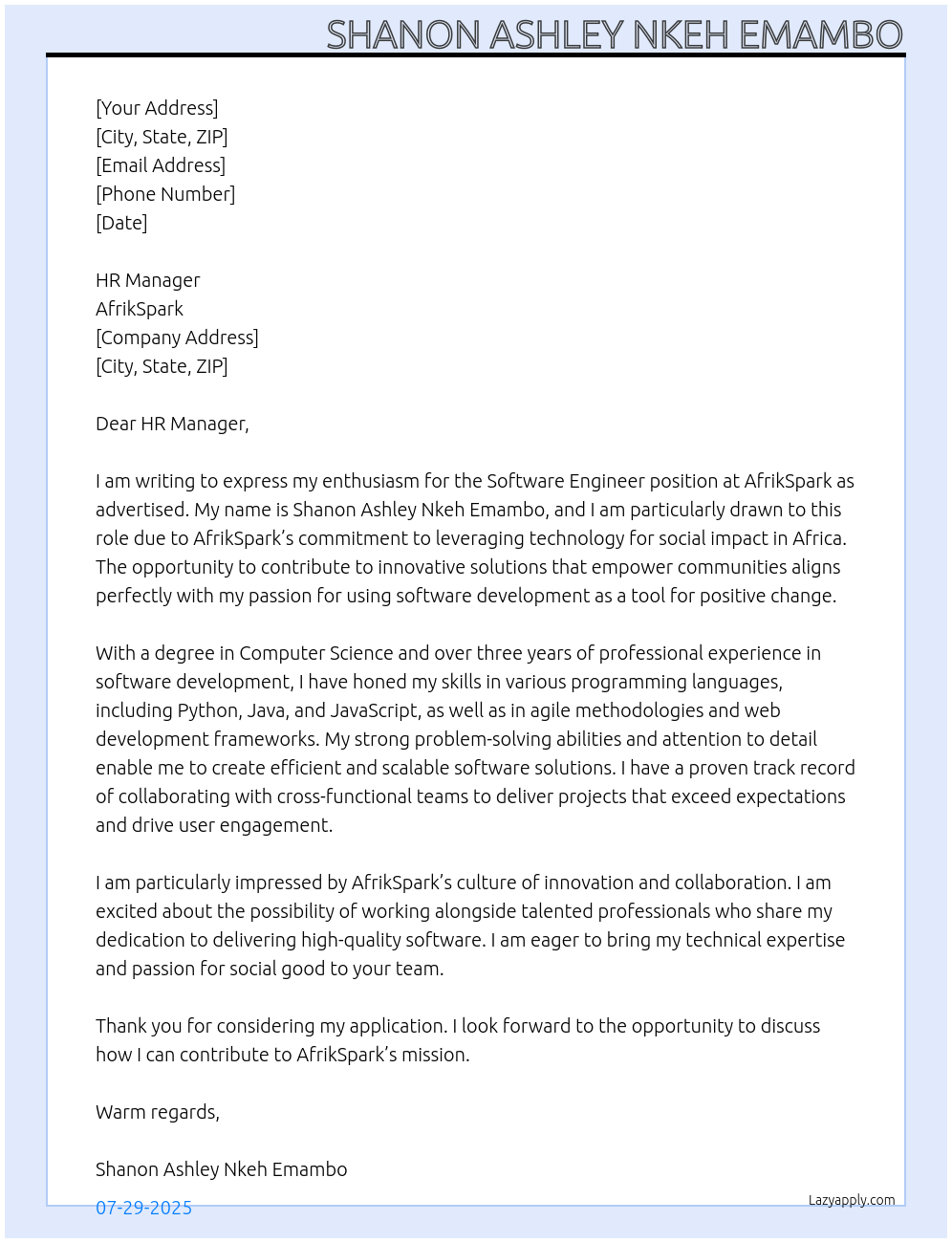 Software engineer At AfrikSpark Cover Letter