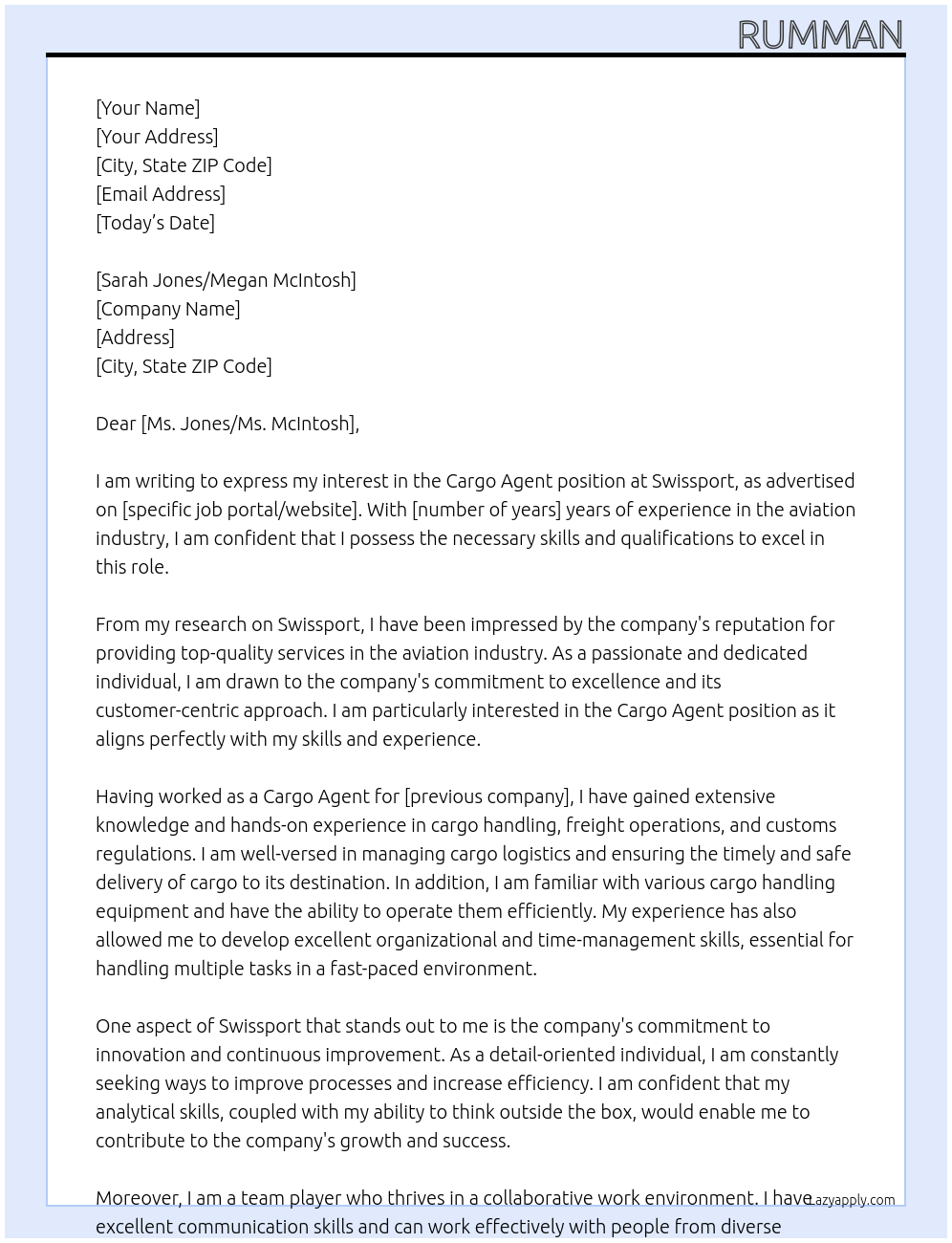 Cargo Agent At Swissport Cover Letter