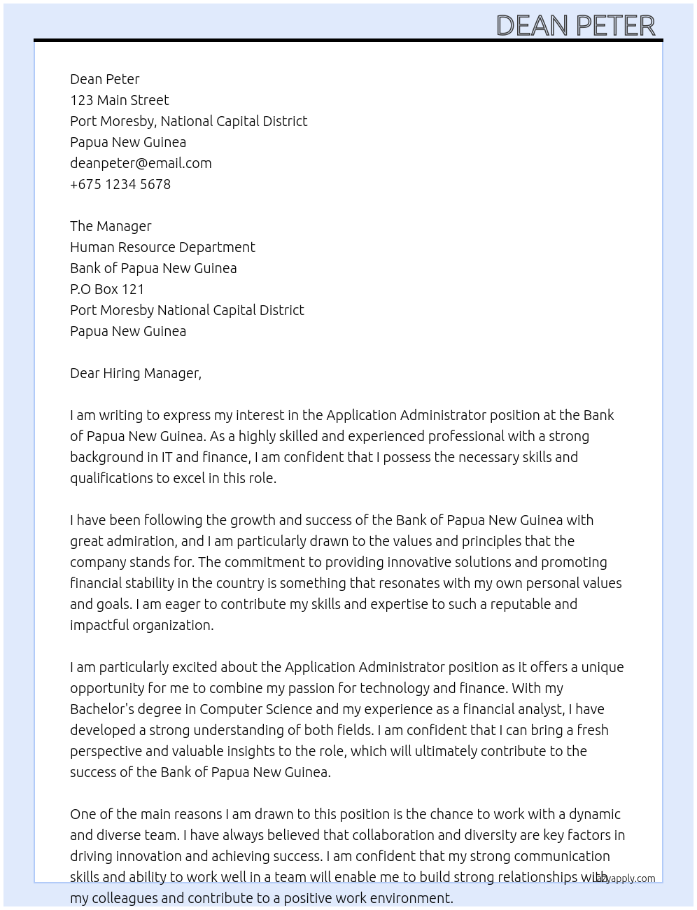 Application Administrator At Bank Of Papua New Guinea Cover Letter