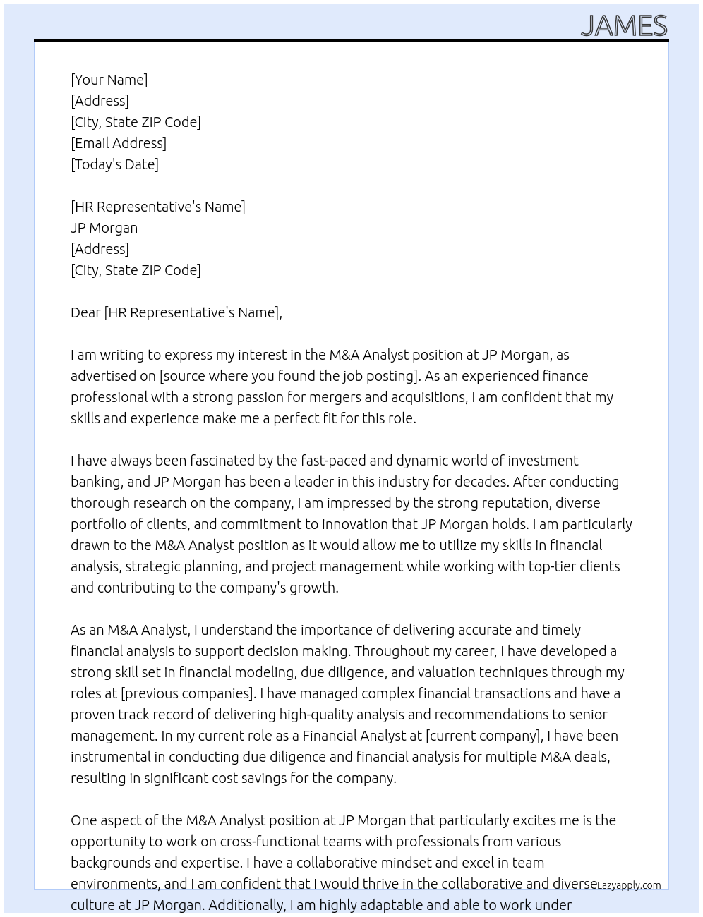 M&A Analyst At JP Morgan Cover Letter