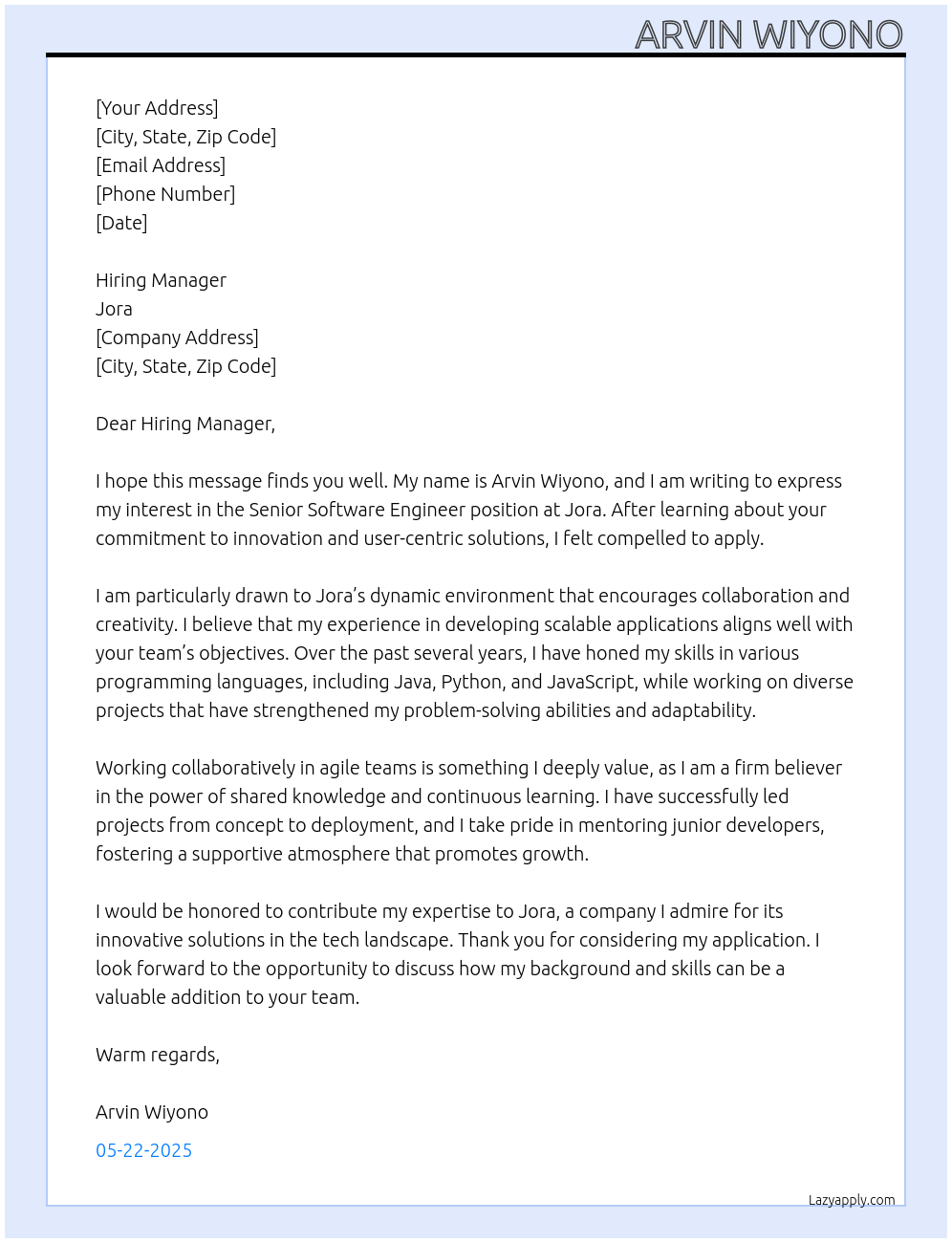 Senior Software Engineer At Jora Cover Letter