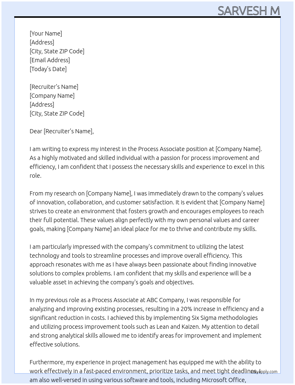 Process Associate At Company Cover Letter