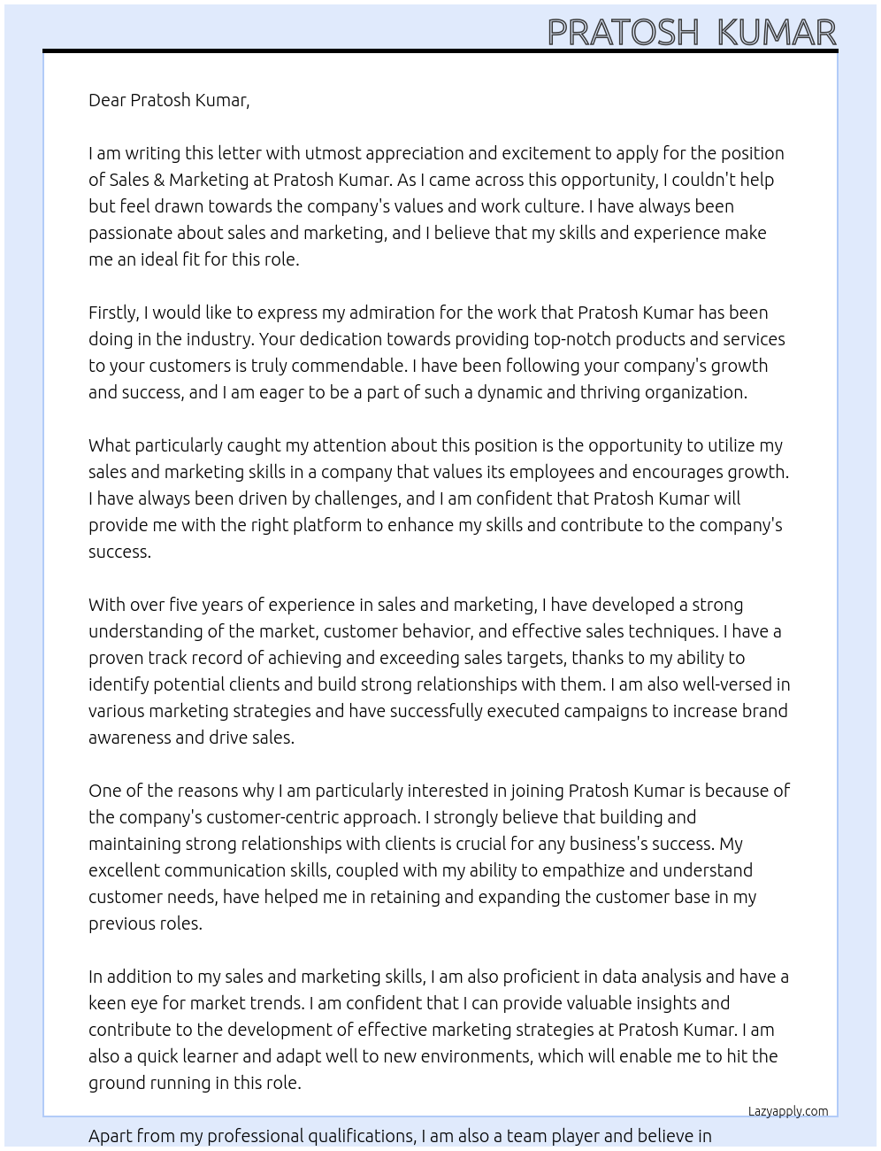 sales & marketing At pratosh kumar Cover Letter