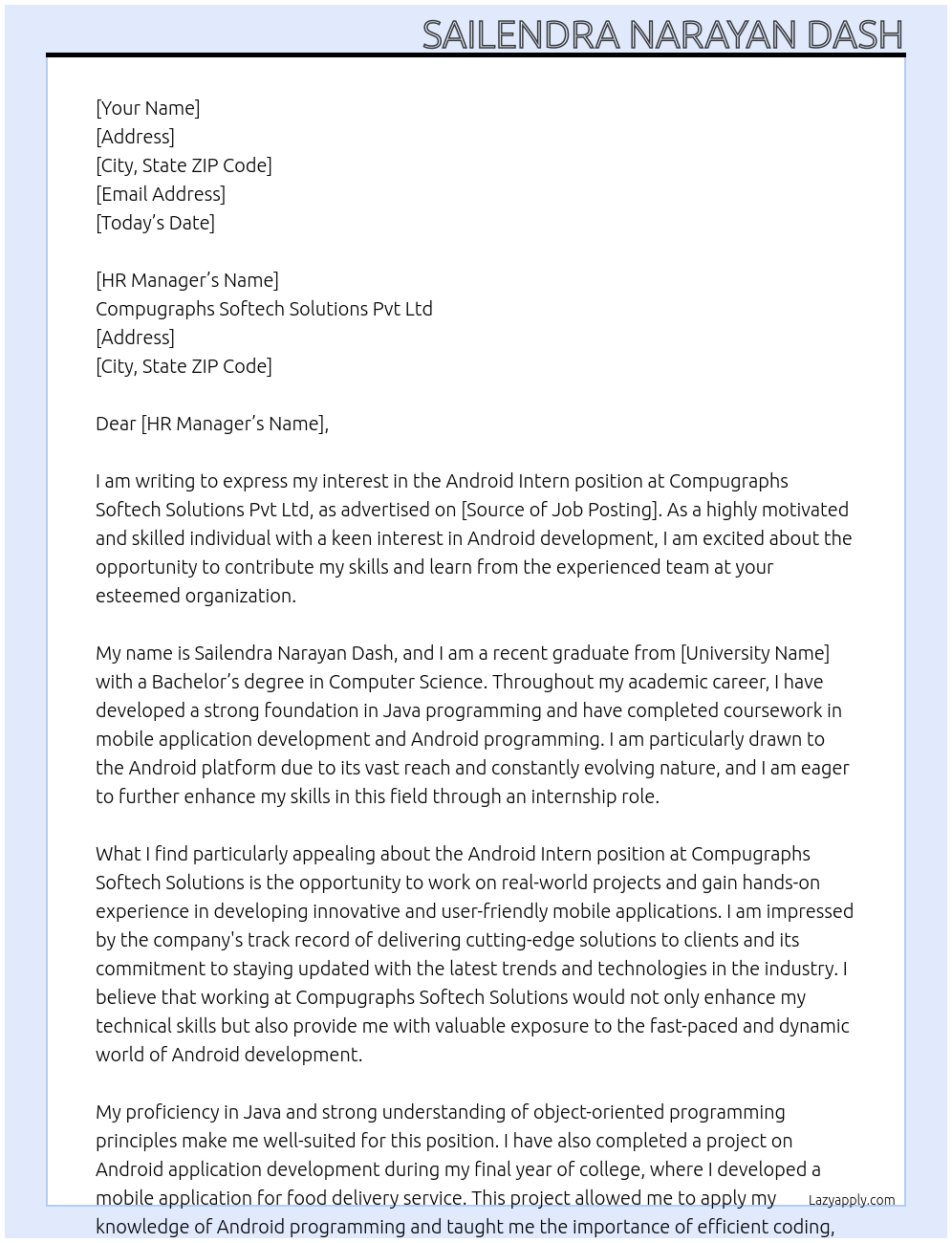 Android intern At Compugraphs softech solutions pvt ltd Cover Letter