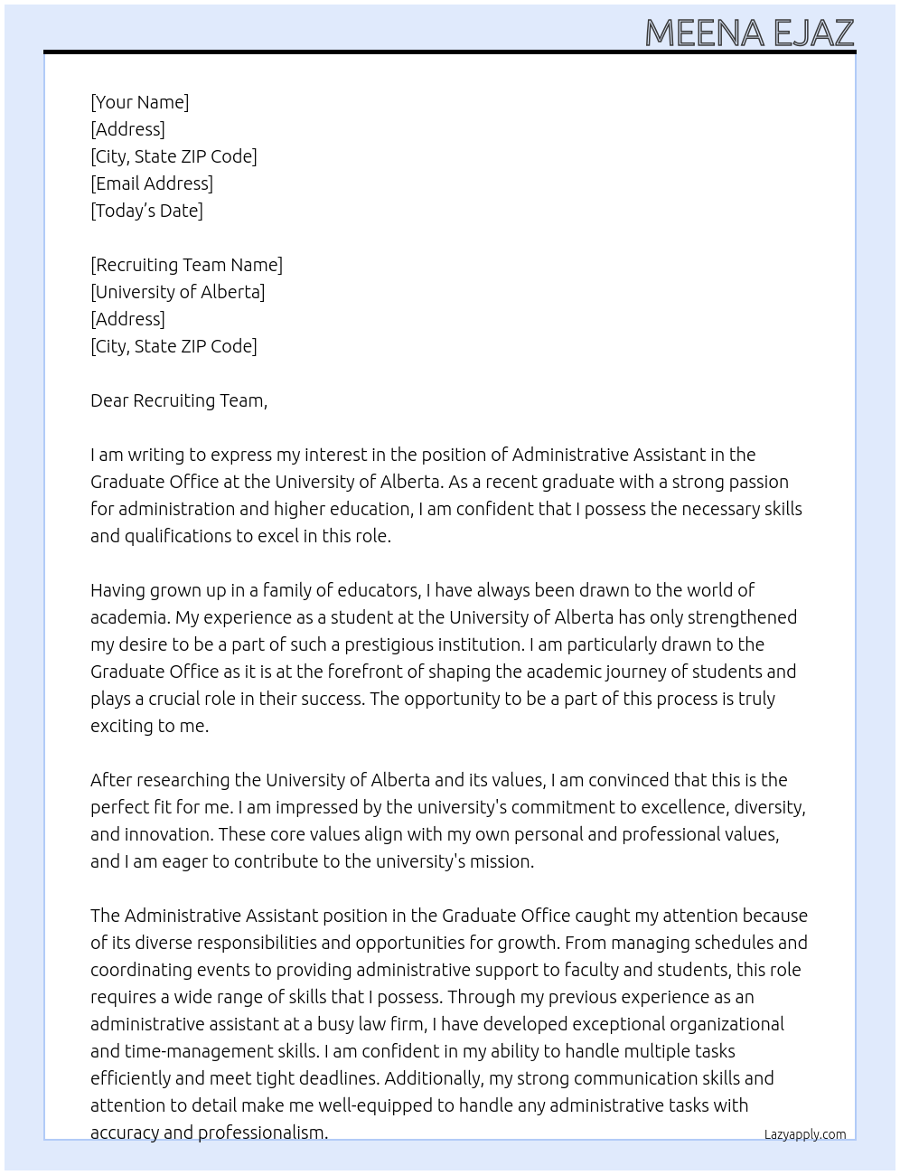Administrative Assistant (Graduate Office) At university of alberta Cover Letter