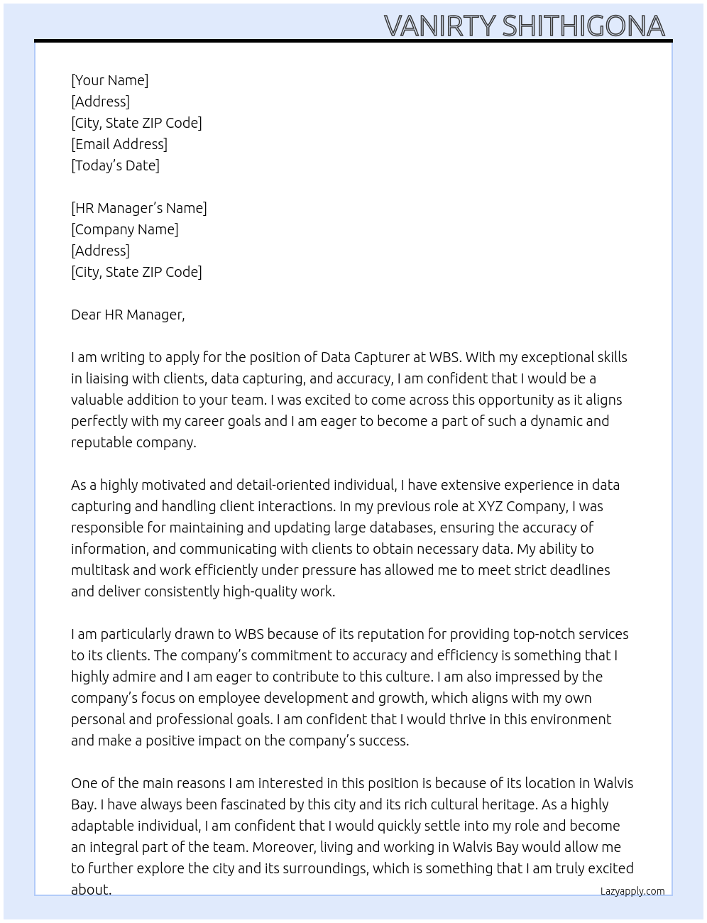 Data Capturer At WBS Cover Letter