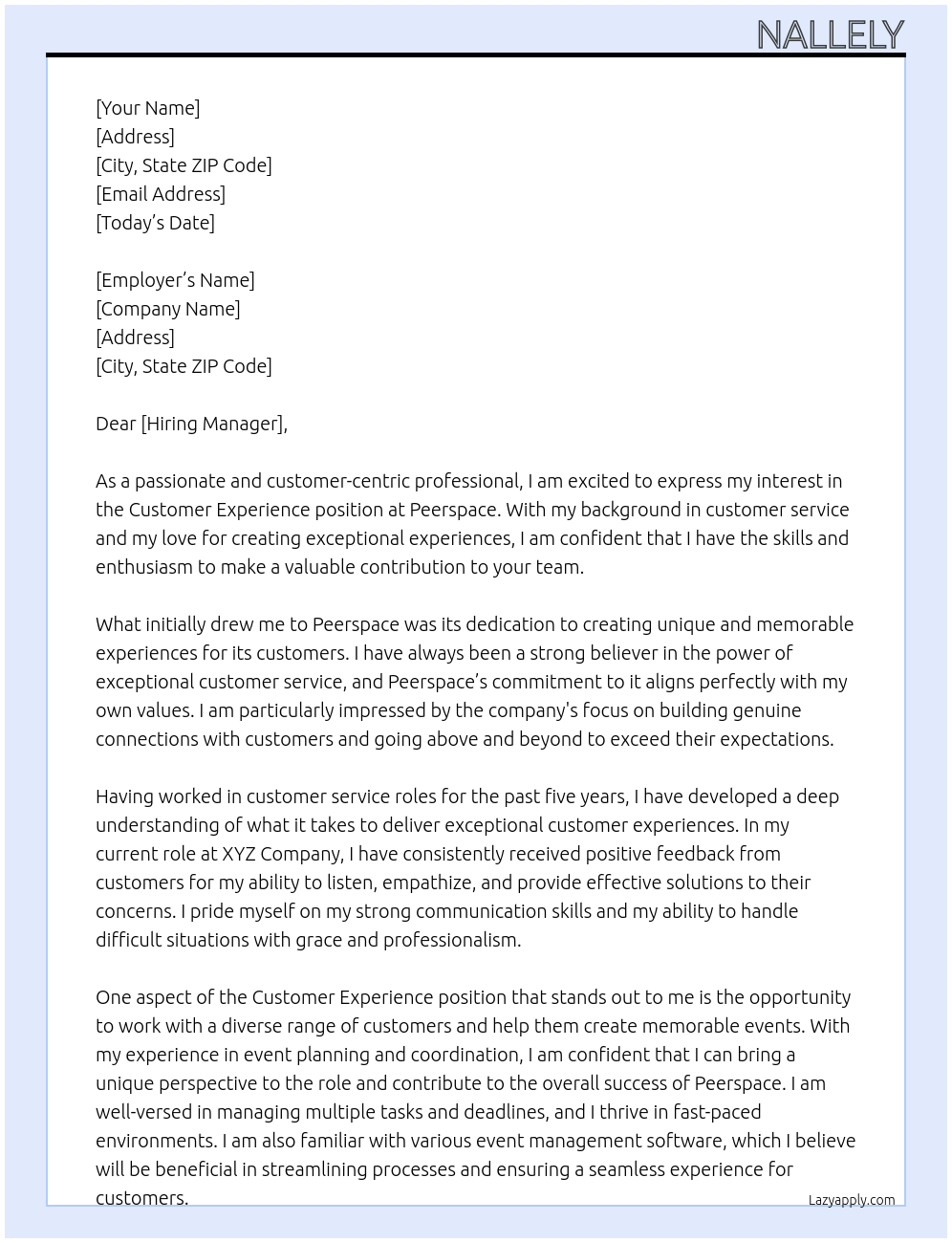 Customer Experience At Peerspace Cover Letter