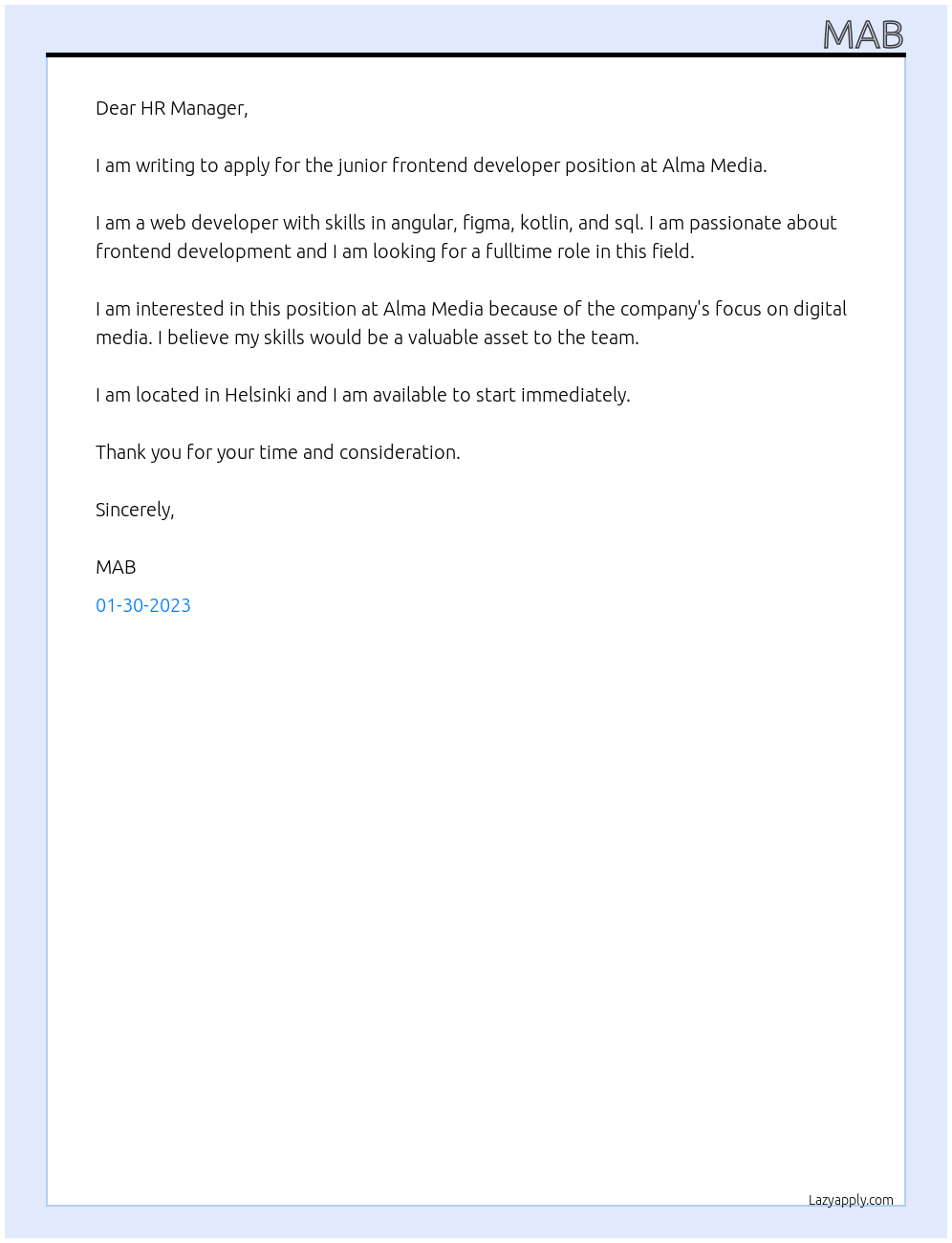 junior frontend developer At Alma Media Cover Letter