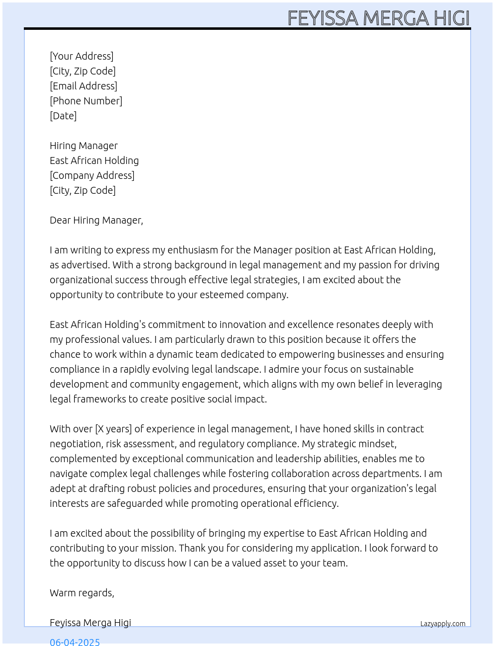 manager At East African Holding  Cover Letter